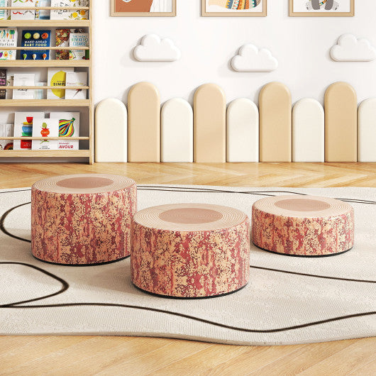 3-Piece Tree Stump Stool Set in Dark Walnut for kids, featuring nature-inspired wood printing - Angle 2 view.