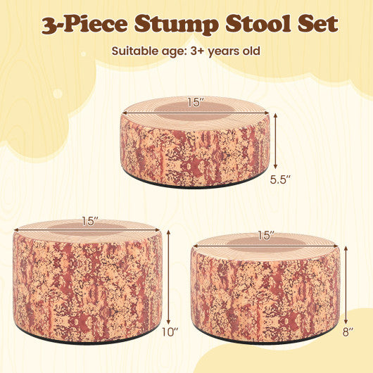 3-Piece Tree Stump Stool Set in Dark Walnut for kids, featuring wood printing nature decoration, angled view.