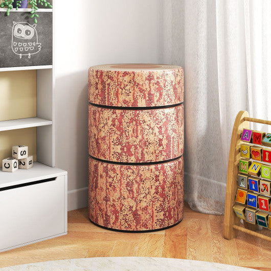 3-Piece Tree Stump Stool Set in Dark Walnut for kids, featuring nature-inspired wood printing. Ideal for playtime.