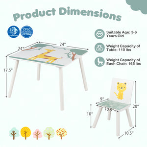 3 Pieces Kids Table and Chairs Set with Animal Patterns for Aged 3-6 Years Old