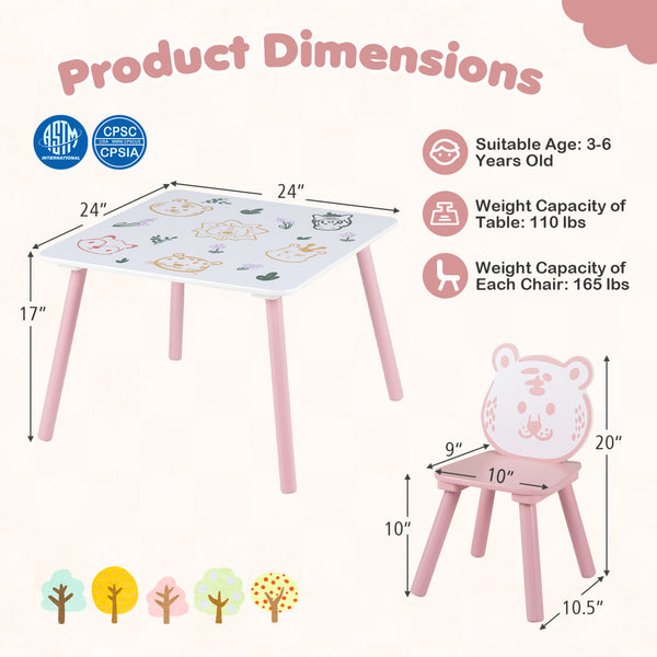 3 Pieces Kids Table and Chairs Set with Animal Patterns for Kids