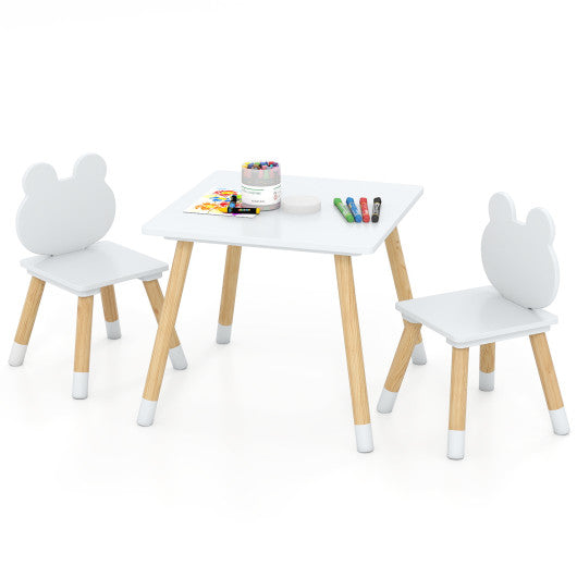 3 Pieces Kids Wooden Table and Chair Set with Cute Froggy Design-White