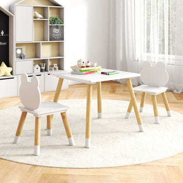 3 Pieces Kids Wooden Table and Chair Set with Cute Froggy Design in White for Playtime and Learning.
