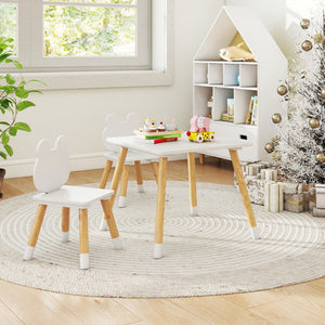 3 Pieces Kids Wooden Table and Chair Set with Cute Froggy Design-White