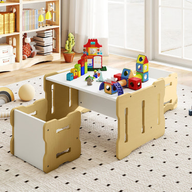 3-piece toddler set with 2 stools and natural wood activity table for kids' playtime and learning.