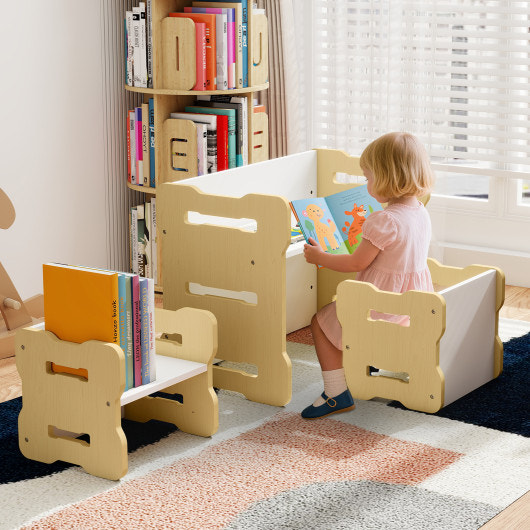 3-piece toddler set with 2 stools and natural wood activity table for kids' playtime and learning.