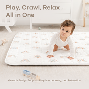 Rainbow play mat with non-slip bottom, angled view, perfect for safe and fun baby playtime.