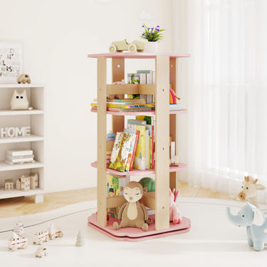 3-Tier Freestanding Corner Toddler Book Rack in Pink with 12 Sectors for Kids Storage