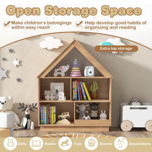 3-Tier House-Shaped Toy Storage Organizer with Open Shelves-Natural