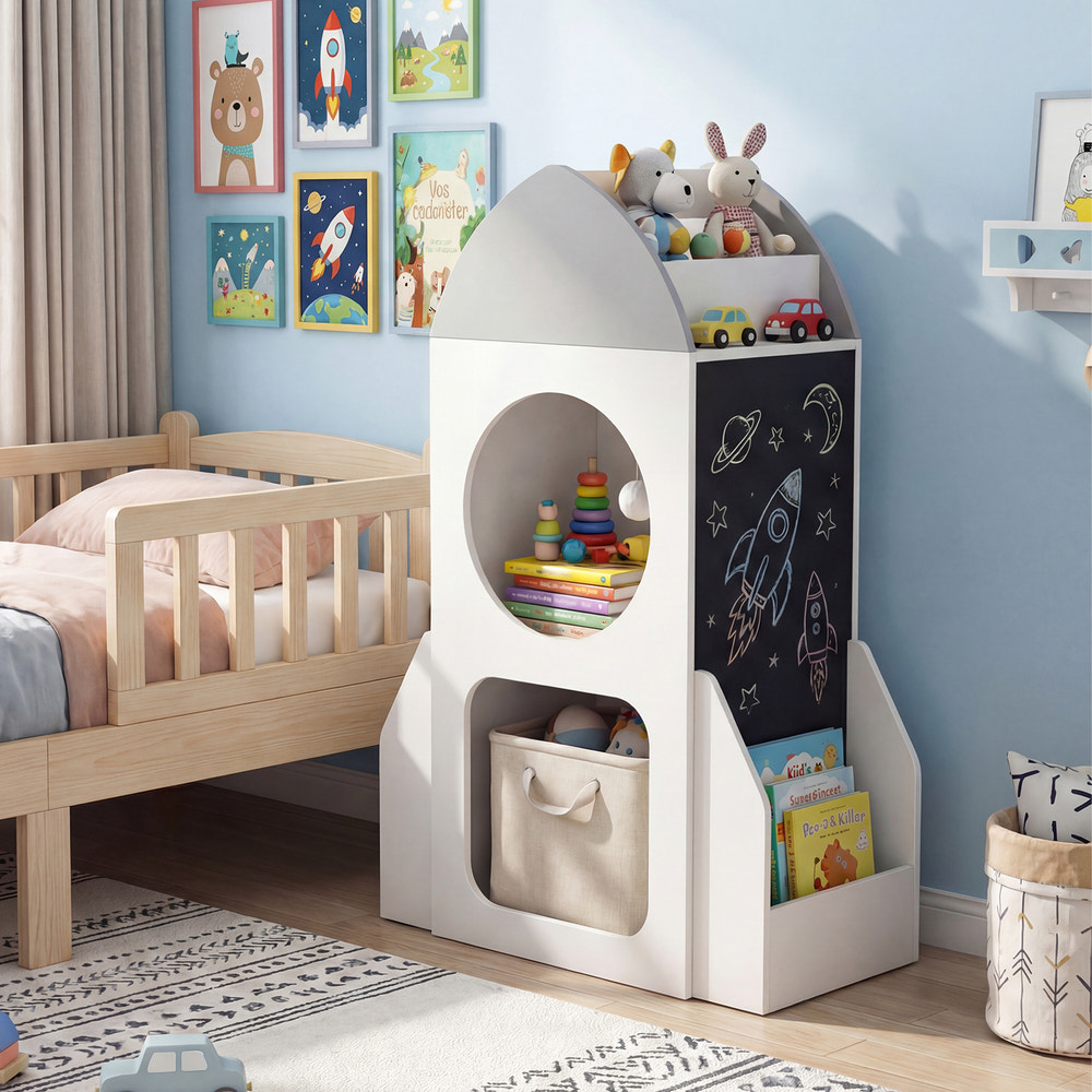 3-Tier Kids Bookshelf Rocket Space Theme Toddler Toy Storage Organizer-White