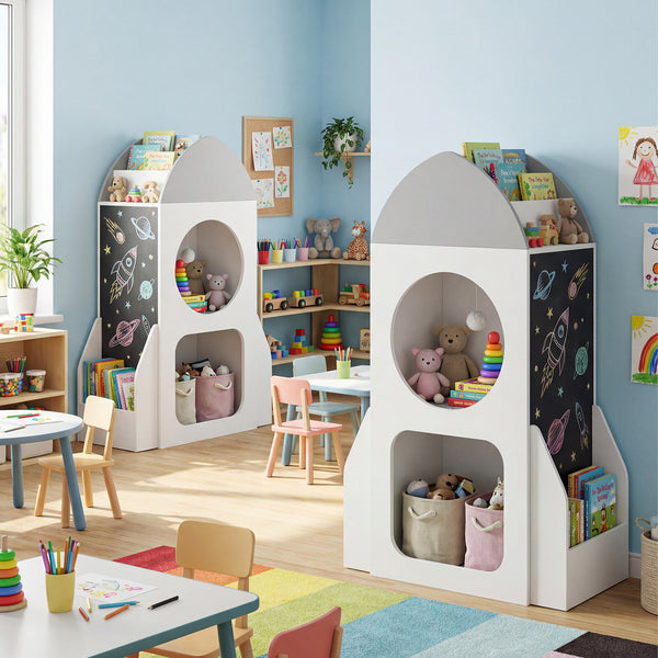 3-Tier Kids Bookshelf Rocket Space Theme Toddler Toy Storage Organizer-White