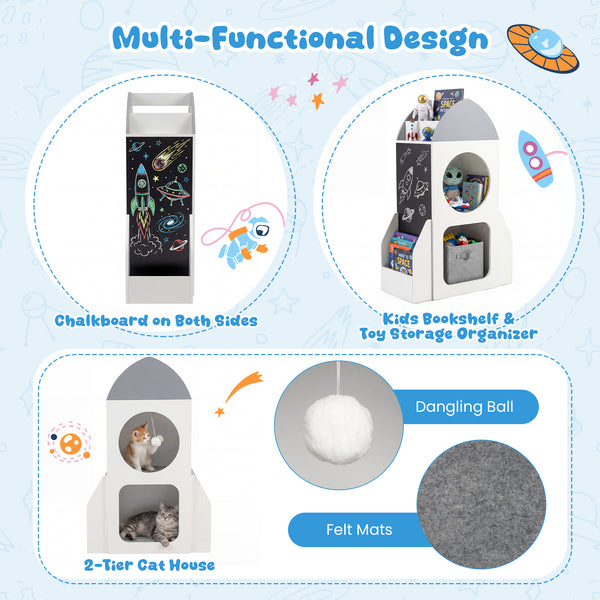 3-Tier Kids Bookshelf Rocket Space Theme Toddler Toy Storage Organizer-White