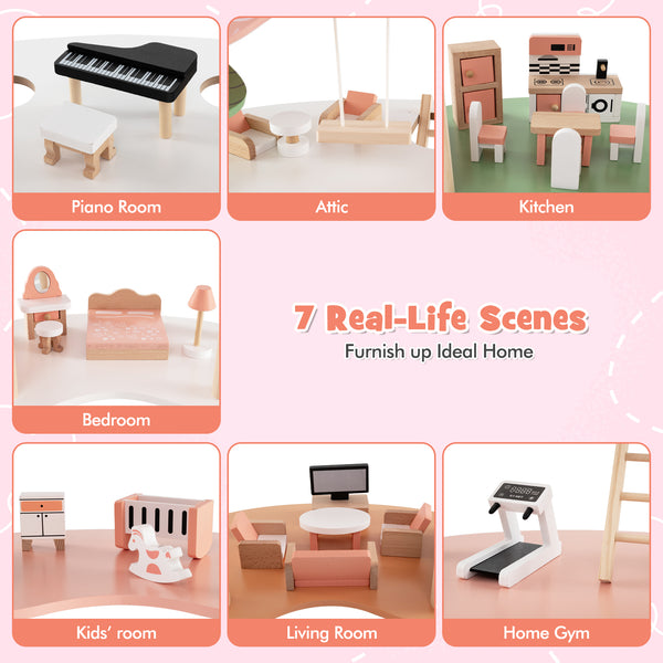 3-Tier Wooden Dollhouse for Kids Aged 3-8 Years Old with 32 Pieces of Accessories