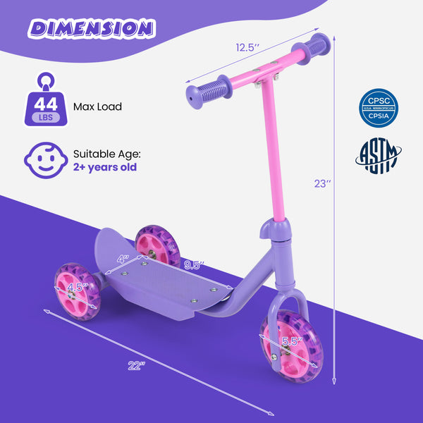 3 Wheels Scooter for Kids Age 2+ with LED Light-Up Wheels and Wide Anti-Slip Deck-Purple