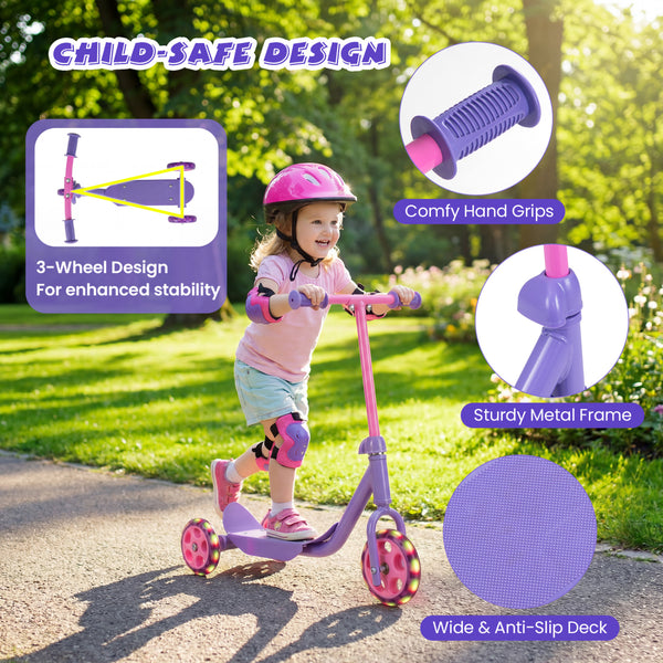 3 Wheels Scooter for Kids Age 2+ with LED Light-Up Wheels and Wide Anti-Slip Deck-Purple