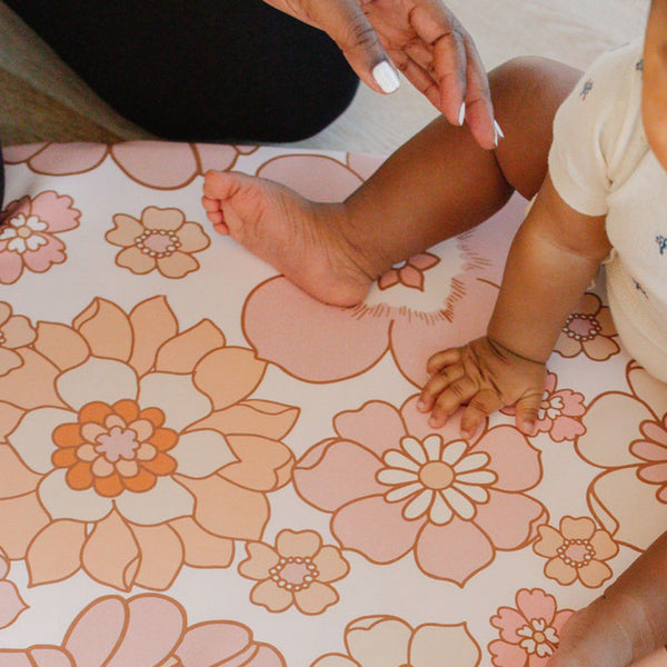 "Blooms Vegan Leather Play Mat in a stylish design, perfect for safe and comfortable baby playtime."