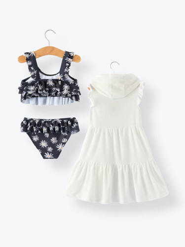 Summer Black Floral Girl Two Piece Swimsuit and Cover-up Set