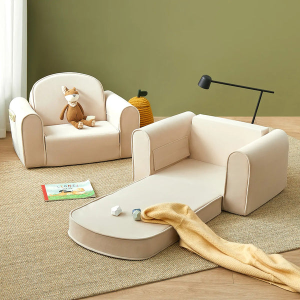 Tiny Land® GentleSnug Kid Chair in Beige White, perfect for kids' seating, shown from angle 4.