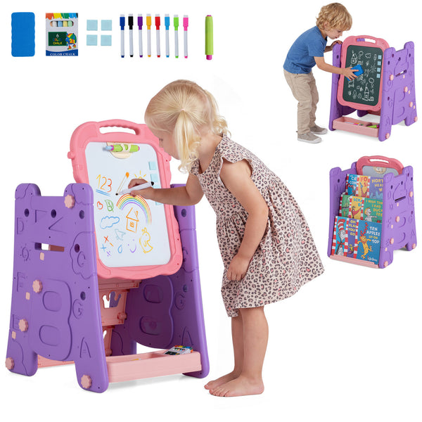 Kids' art easel with double-sided magnetic board, perfect for creative activities and fun learning. Angle view.