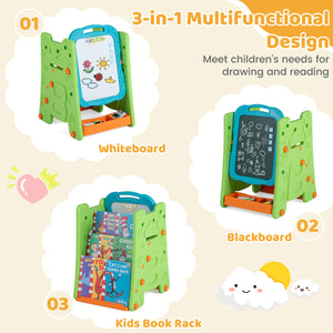 Kids' art easel with double-sided magnetic board, perfect for creative activities and fun learning. Angle view.