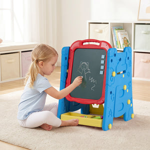 Double-sided magnetic art easel for kids, perfect for creative activities and fun learning. Angle view.