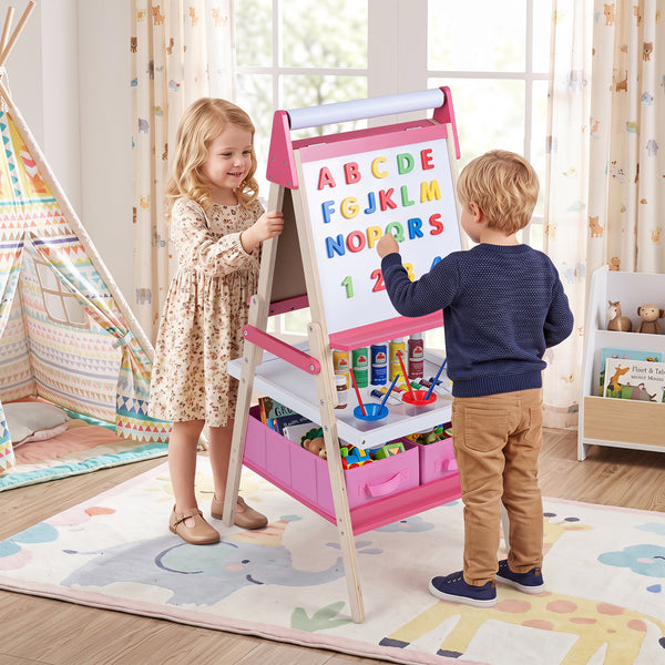 3-in-1 Art Easel for Kids with Magnetic Chalkboard and Whiteboard