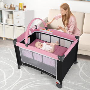 3-in-1 Portable Baby Crib and Playpen with Changing Table-Pink