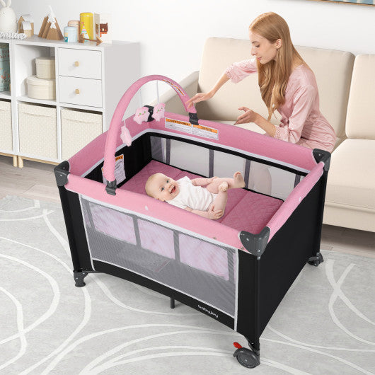 3-in-1 Portable Baby Crib and Playpen with Changing Table-Pink