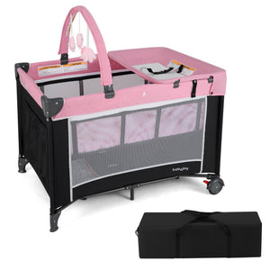 3-in-1 Portable Baby Crib and Playpen with Changing Table-Pink