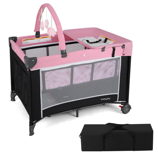 3-in-1 Portable Baby Crib and Playpen with Changing Table-Pink