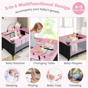 3-in-1 Portable Baby Crib and Playpen with Changing Table-Pink
