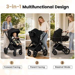 3-in-1 Convertible High Landscape Bassinet Stroller with Reversible Seat