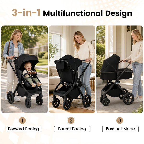 3-in-1 Convertible High Landscape Bassinet Stroller with Reversible Seat