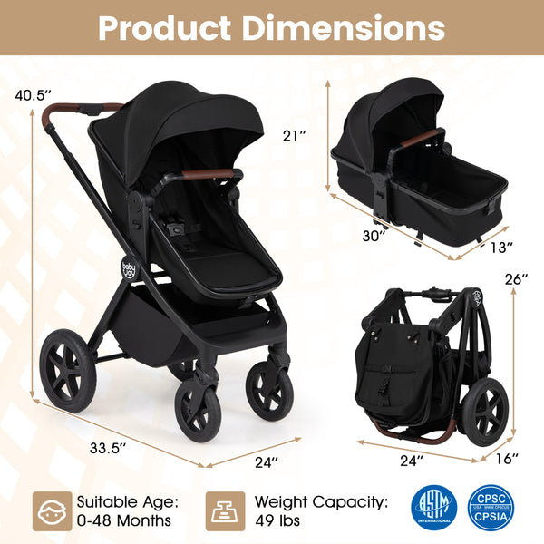 3-in-1 Convertible High Landscape Bassinet Stroller with Reversible Seat