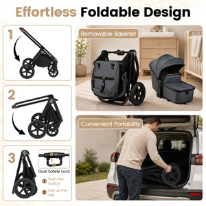 3-in-1 Convertible High Landscape Bassinet Stroller with Reversible Seat