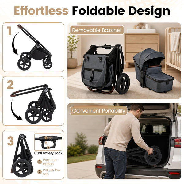 3-in-1 Convertible High Landscape Bassinet Stroller with Reversible Seat