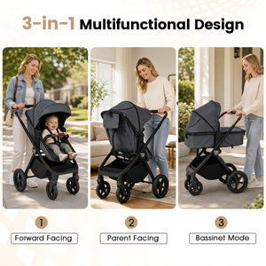 3-in-1 Convertible High Landscape Bassinet Stroller with Reversible Seat