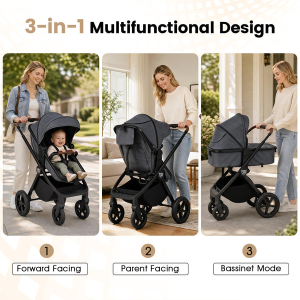 3-in-1 Convertible High Landscape Bassinet Stroller with Reversible Seat