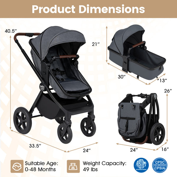 3-in-1 Convertible High Landscape Bassinet Stroller with Reversible Seat
