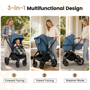 3-in-1 Convertible High Landscape Bassinet Stroller with Reversible Seat