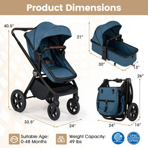 3-in-1 Convertible High Landscape Bassinet Stroller with Reversible Seat