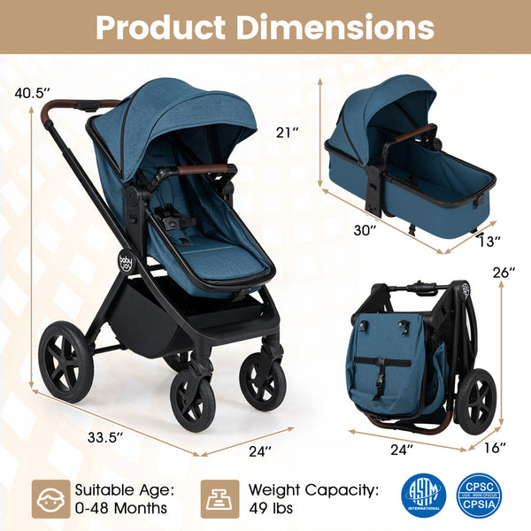 3-in-1 Convertible High Landscape Bassinet Stroller with Reversible Seat