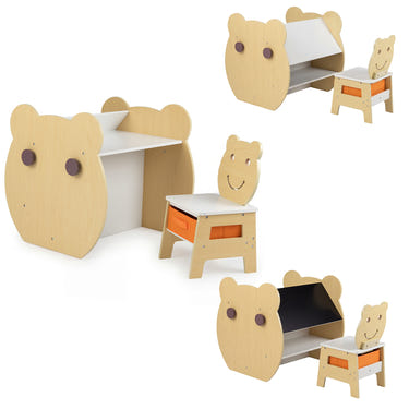 3-in-1 Kids Art Table and Chair with Storage, Reversible Whiteboard Chalkboard for Ages 3-10, White Color.