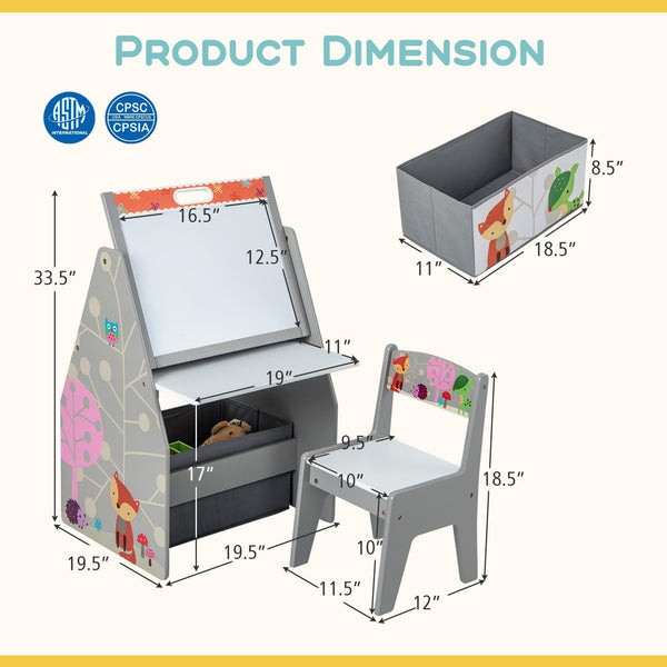 3 in 1 Kids Easel and Play Station Convertible with Chair and Storage Bins