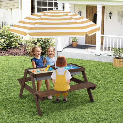 3-in-1 Kids Outdoor Picnic Water Sand Table with Umbrella Play Boxes