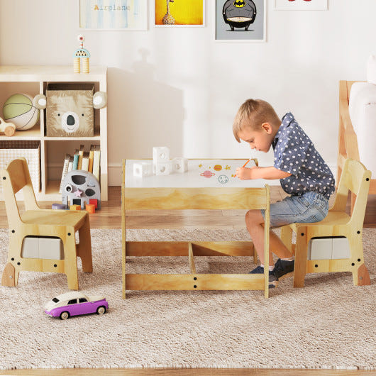 3 in 1 Kids Table and Chair Set with removable tabletop and storage drawers in natural finish. Perfect for playtime and organization.