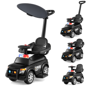 3-in-1 Toddler Push Car with Handle and Canopy Sliding Police Car with Siren-Black