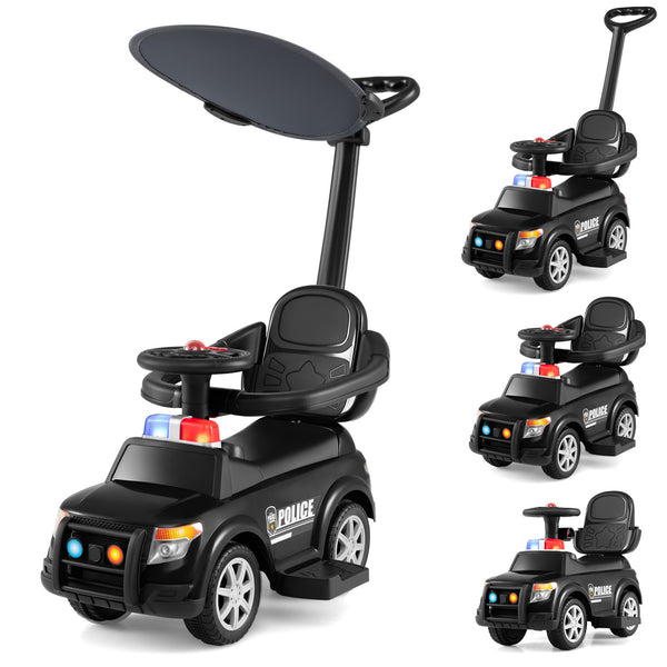 3-in-1 Toddler Push Car with Handle and Canopy Sliding Police Car with Siren-Black