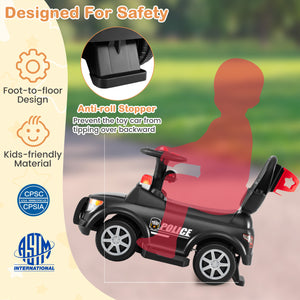 3-in-1 Toddler Push Car with Handle and Canopy Sliding Police Car with Siren-Black