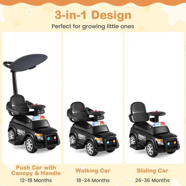 3-in-1 Toddler Push Car with Handle and Canopy Sliding Police Car with Siren-Black